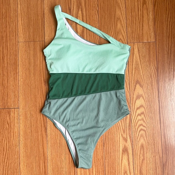 Comfy and Ready Jade One Shoulder Color Block Bathing Suit - Picture 2 of 3